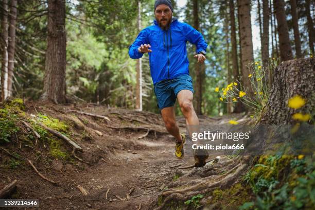 man trail running in the forest - trail running stock pictures, royalty-free photos & images
