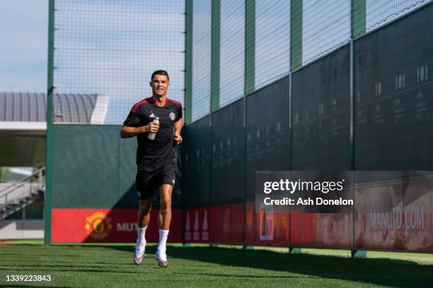 Cristiano Ronaldo of Manchester United in action during a first team training session at Carrington Training Ground on September 08, 2021 in...