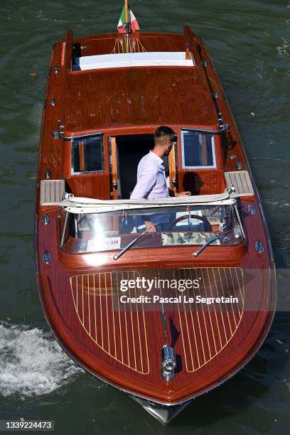 Venetian water taxi docks at Hotel Excelsior Venice Lido during the 78th Venice International Film Festival on September 09, 2021 in Venice, Italy.