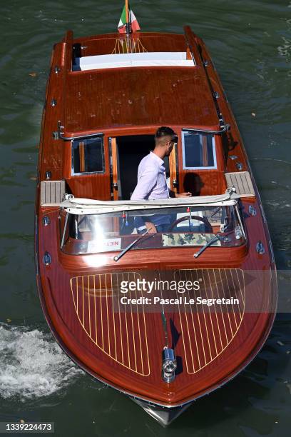 Venetian water taxi docks at Hotel Excelsior Venice Lido during the 78th Venice International Film Festival on September 09, 2021 in Venice, Italy.