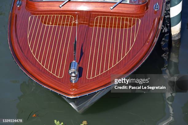 Venetian water taxi docks at Hotel Excelsior Venice Lido during the 78th Venice International Film Festival on September 09, 2021 in Venice, Italy.
