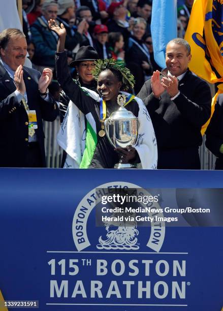 Caroline Kilel of Kenya celebrates after winning the women's division of the 2011 Boston Marathon on Monday, April 18, 2011. Staff photo by...