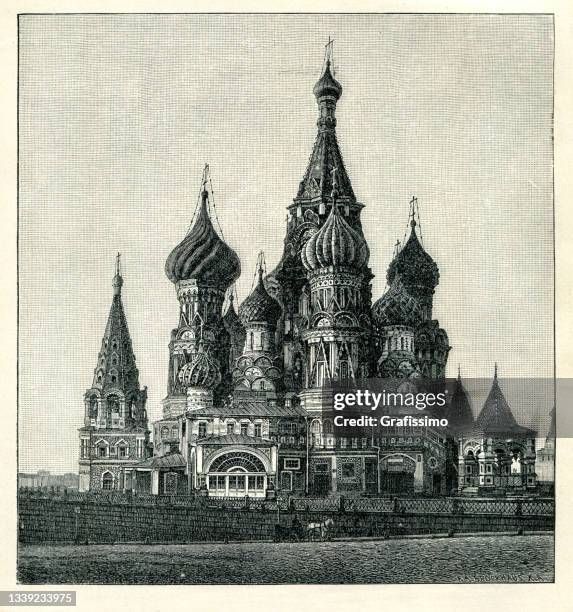 ilustraciones, imágenes clip art, dibujos animados e iconos de stock de catedral de san basilio en moscú rusia 1898 - cultura rusa