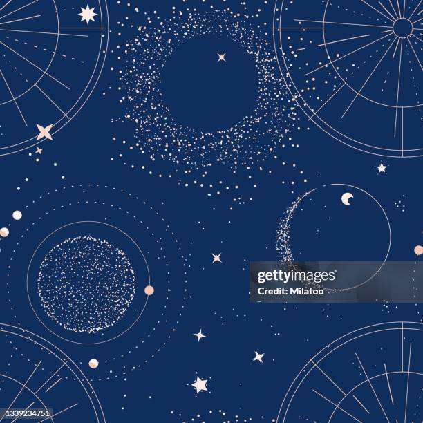 alchemy celestial background, blue sky with moon, stars, planets space decor, universe pattern - galaxy illustration stock illustrations