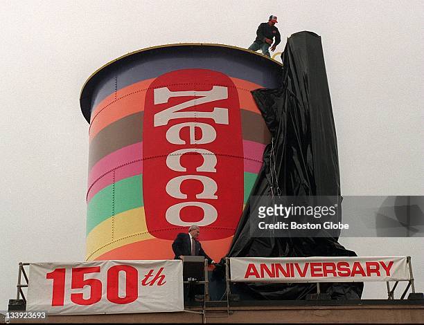 Giant Necco wafer stack is unveiled at the candy factory with the help of company president Domenic M. Antonellis below to mark the company's 150th...