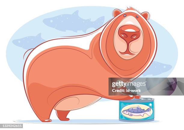 bear holding can of salmon - all you can eat stock illustrations