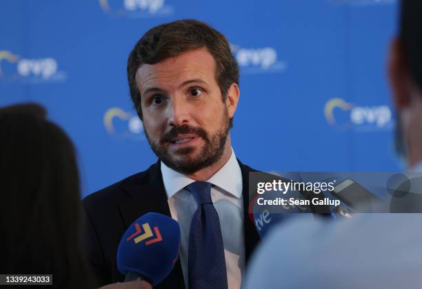 Pablo Casado, leader of Spain's Partido Popular , speaks to reporters at the a congress of the European People's Party, the group of European...