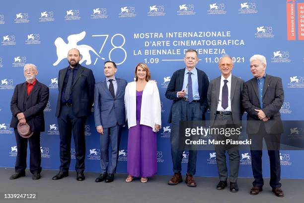 Adriano Aprà, Giancarlo Grande, director Augusto Contento, Paola Pitagora, Guido Salvini, Gherardo Colombo and a guest attend the photocall of...