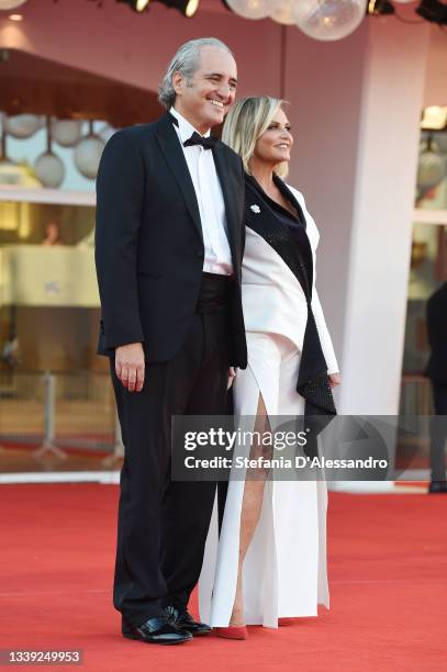 Giovanni Terzi and Simona Ventura attend the red carpet of the movie "Freaks Out" during the 78th Venice International Film Festival on September 08,...