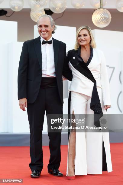 Giovanni Terzi and Simona Ventura attend the red carpet of the movie "Freaks Out" during the 78th Venice International Film Festival on September 08,...