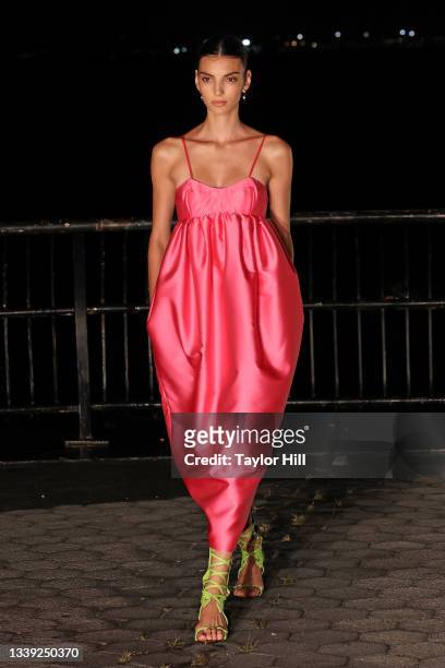 Model walks the runway during the Prabal Gurung S/S 2022 fashion show during New York Fashion Week at Robert F. Wagner Park on September 08, 2021 in...