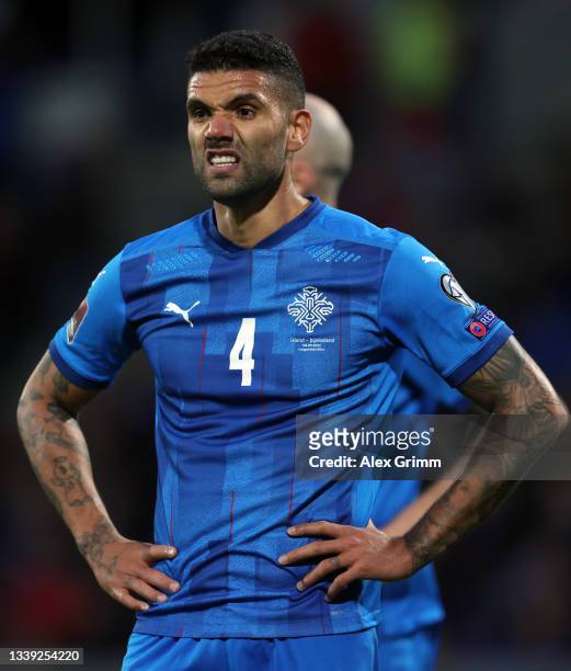 Victor Palsson of Iceland reacts during the 2022 FIFA World Cup Qualifier match between Iceland and Germany at Laugardalsvollur National on September...