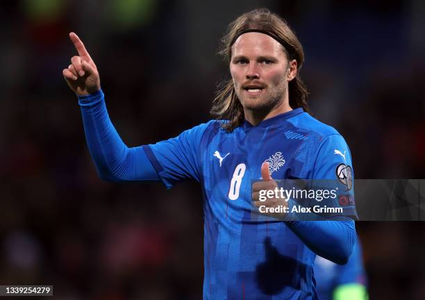 Birkir Bjarnason of Icelandreacts during the 2022 FIFA World Cup Qualifier match between Iceland and Germany at Laugardalsvollur National on...