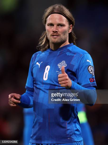 Birkir Bjarnason of Icelandreacts during the 2022 FIFA World Cup Qualifier match between Iceland and Germany at Laugardalsvollur National on...