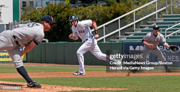 Pawtucket, RI)Pawtucket Red Sox third baseman Will Middlebrooks runs to 2nd during a game at McCoy Stadium in Pawtucket, RI . . Staff Photo by Nancy...