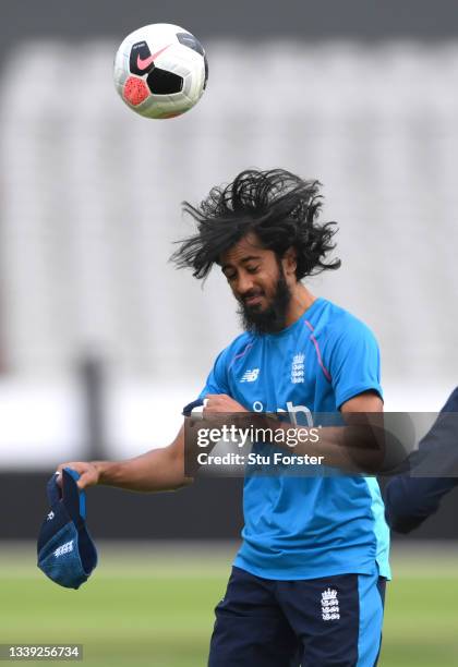 England player Haseeb Hameed heads the football during England nets ahead of the 5th and final test match against India at Old Trafford on September...