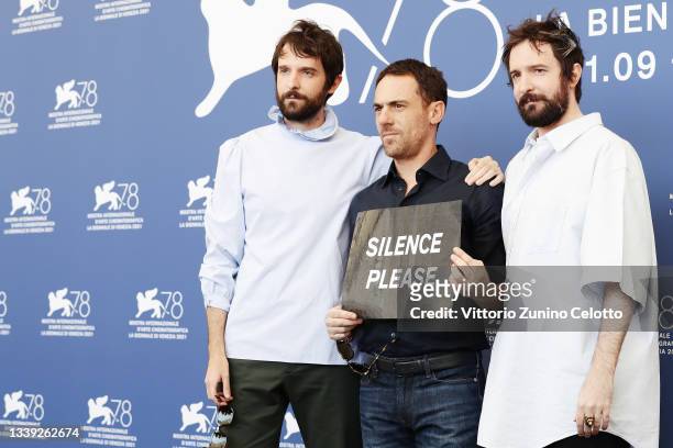 Director Damiano D'Innocenzo, Elio Germano and director Fabio D’Innocenzo attend the photocall of "America Latina" during the 78th Venice...