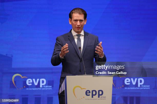 Austrian Chancellor Sebastian Kurz speaks at a gathering of the European People's Party, the group of European Christian conservative parties in the...