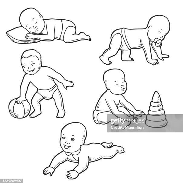 baby sleeps, plays and sits doodles - happy face drawing stock illustrations