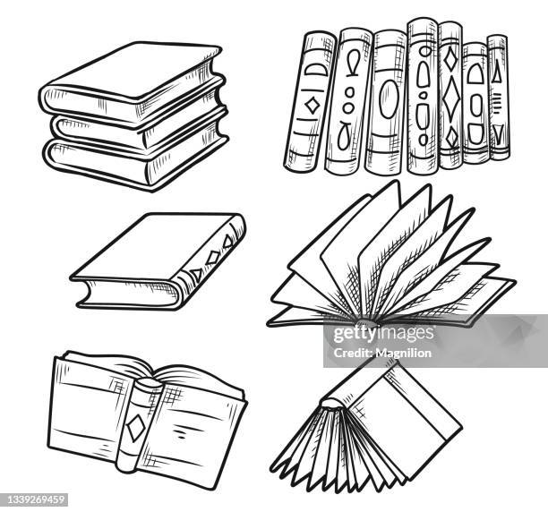 ilustraciones, imágenes clip art, dibujos animados e iconos de stock de libros vintage doodle set - libro abierto