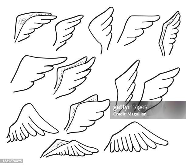 ilustraciones, imágenes clip art, dibujos animados e iconos de stock de conjunto de garabatos de alas - angel