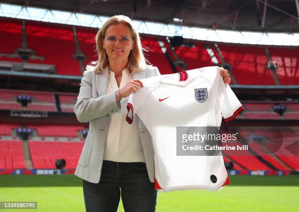 Sarina Wiegman poses for a photo as she is unveiled As New Senior Head Coach Of The England Women's Team at Wembley Stadium on September 09, 2021 in...