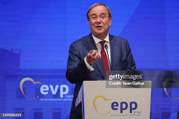 Armin Laschet, leader of the German Christian Democrats and CDU/CSU chancellor candidate, speaks at a gathering of the European People's Party, the...