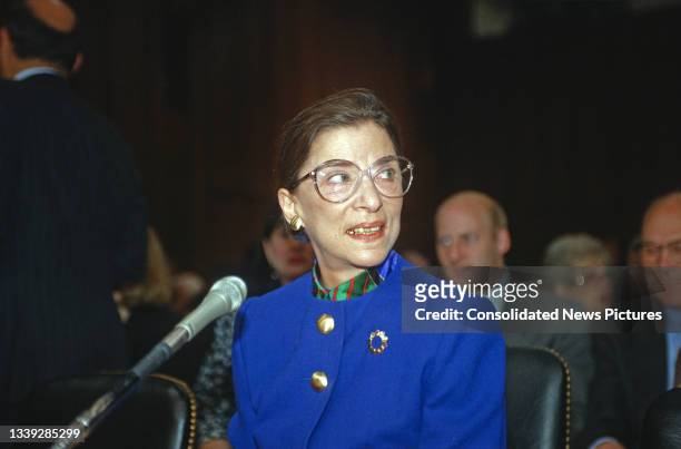 View of US Court of Appeals Judge Ruth Bader Ginsburg prior to her Associate Justice of the US Supreme Court confirmation hearing before the US...