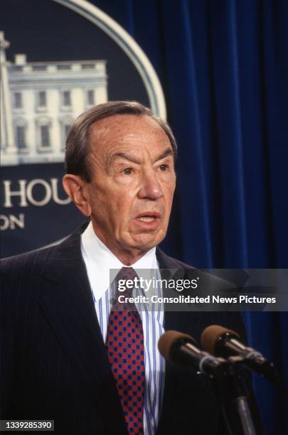 Secretary of State Warren Christopher speaks to the media in the White House's Brady Press Briefing Room, Washington DC, October 7, 1993. He spoke...