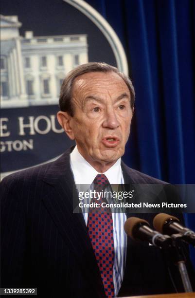 Secretary of State Warren Christopher speaks to the media in the White House's Brady Press Briefing Room, Washington DC, October 7, 1993. He spoke...