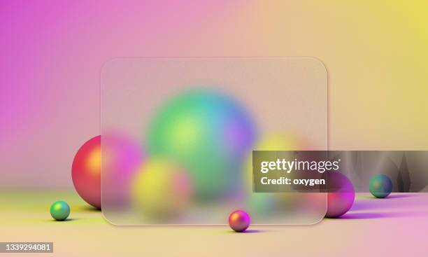 frosted glass frame on abstract 3d rendering sphere geometric background. minimalism vibrant still life style neomorphism glassmorphism background - verre dépoli photos et images de collection