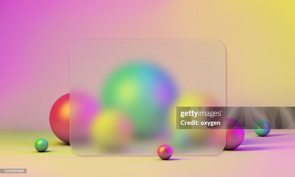 Frosted Glass Frame on Abstract 3D Rendering Sphere Geometric Background. Minimalism Vibrant Still Life Style Neomorphism Glassmorphism Background
