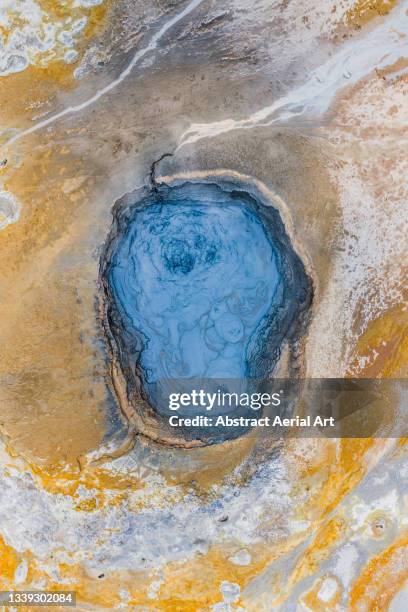 large hot spring at hverir geothermal area photographed from directly above, iceland - sulfur crystal stock pictures, royalty-free photos & images