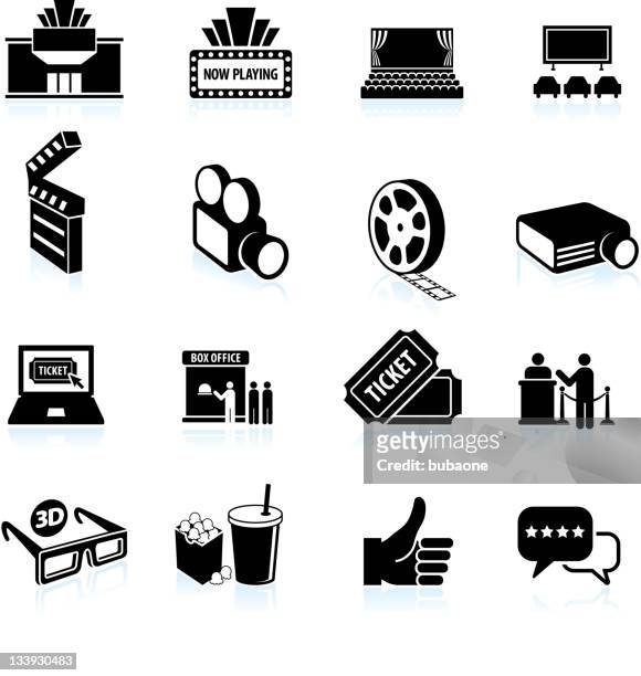 movie night black and white royalty free vector icon set - auditorium icon stock illustrations