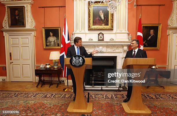 The President of Turkey Abdullah Gul and British Prime Minister David Cameron speak during a press conference at Downing Street on November 22, 2011...