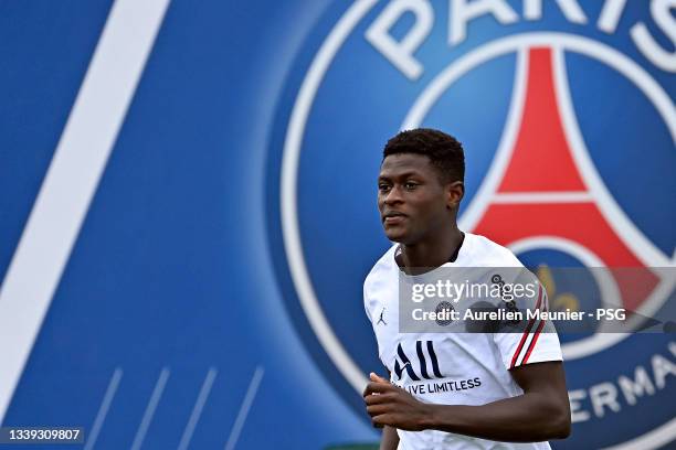 Nuno Mendes looks on during a Paris Saint-Germain training session at Ooredoo Center on September 09, 2021 in Paris, France.