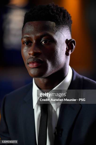 Nuno Mendes answers PSG TV at Parc des Princes on September 09, 2021 in Paris, France.