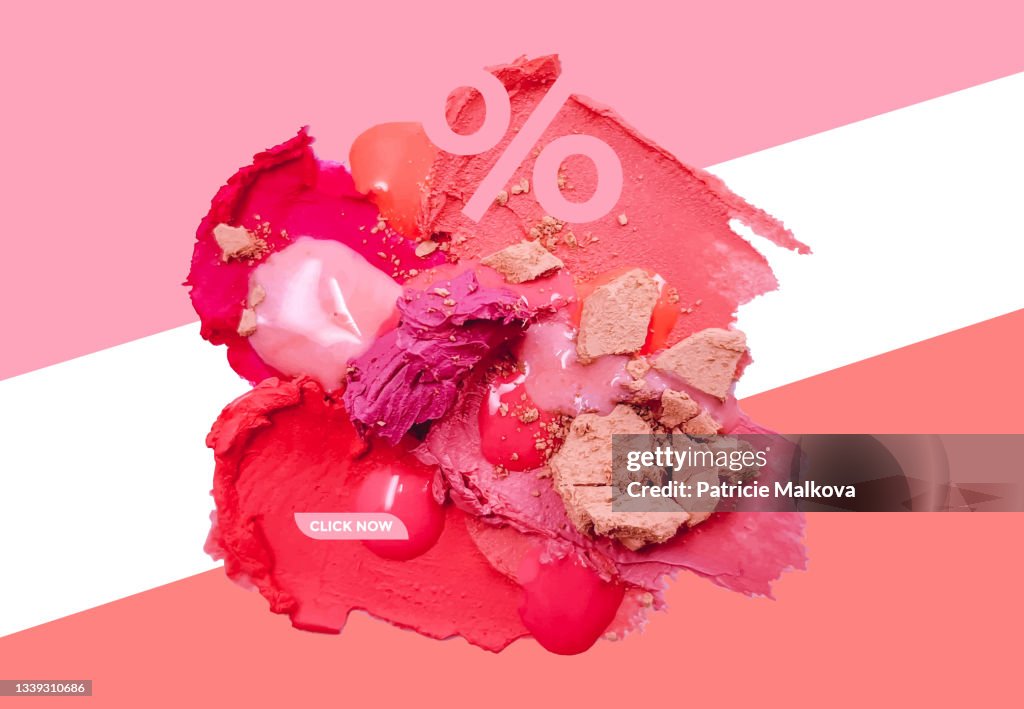Vector realistic red and pink lipstick smear smudge with nail polish drops and crushed face powder, cosmetics composition, make up design, beautician textured background, makeup composition, sale banner
