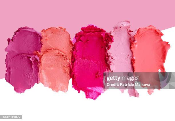 ilustrações de stock, clip art, desenhos animados e ícones de vector realistic red and pink lipstick smear smudge, love background, cosmetics composition, make up design, lip gloss brush strokes, beautician textured background, makeup composition - lipstick smudge