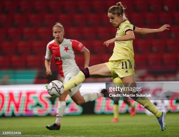 Vivianne Miedema of Arsenal FC scores their team's first goal during the UEFA Women's Champions League match between SK Slavia Prague Women and...
