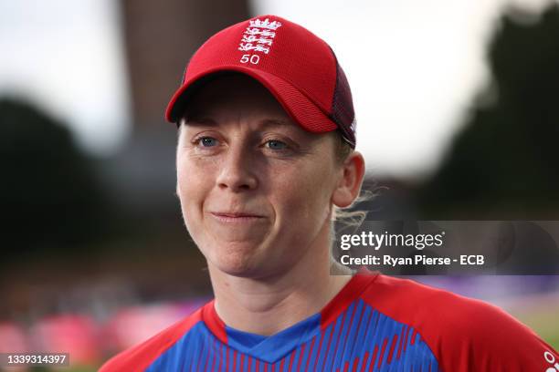 Heather Knight of England looks on during the 3rd Womens International T20 between England and New Zealand at The Cooper Associates County Ground on...