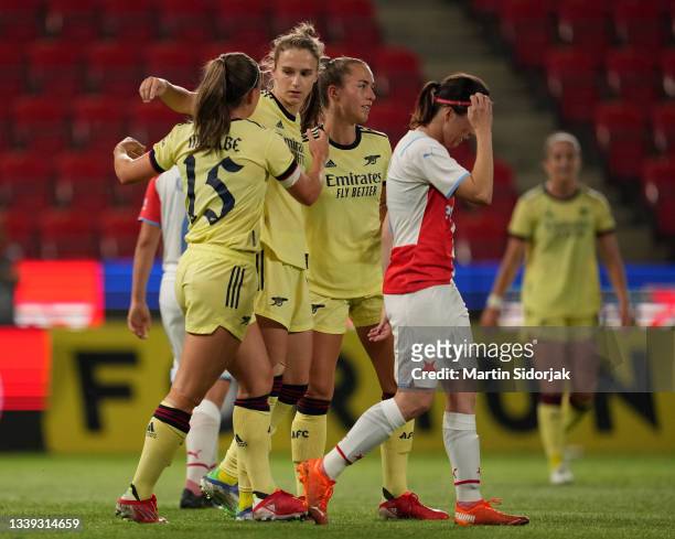 Vivianne Miedema of Arsenal FC celebrates after scoring their team's second goal during the UEFA Women's Champions League match between SK Slavia...