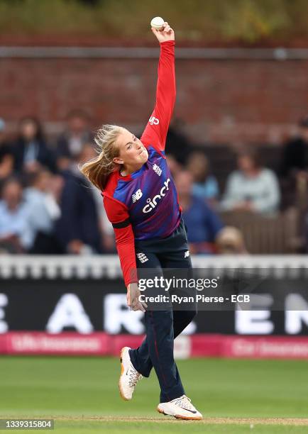 Sophie Ecclestone of England bowls during the 3rd Womens International T20 between England and New Zealand at The Cooper Associates County Ground on...