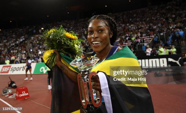 Elaine Thompson-Herah of Jamaica celebrates winning the Women's 100m final during the Weltklasse Zurich, part of the Wanda Diamond League at Stadium...