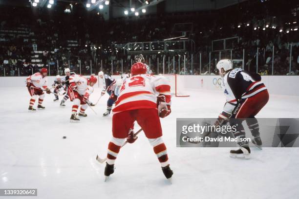 The USA plays the Unified Team in the semifinals of the Men's Ice Hockey tournament of the 1992 Winter Olympic Games on February 21, 1992 at the...