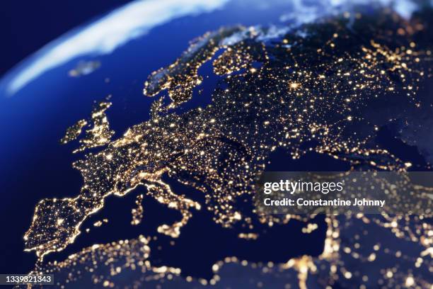 europe night lights view from space - full color world map stock-fotos und bilder