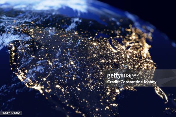 united states of america night lights view from space - américa del norte fotografías e imágenes de stock