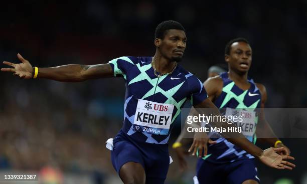 Fred Kerley of The United States of America celebrates winning the Men's 100m final during the Weltklasse Zurich, part of the Wanda Diamond League at...