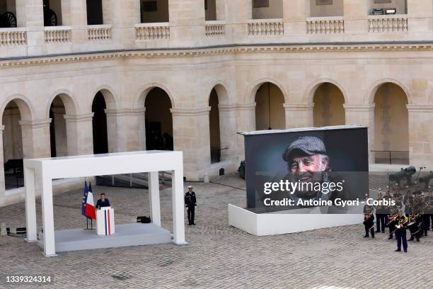 French President Emmanuel Macron give a speech during the national tribute ceremony to late French actor Jean-Paul Belmondo at the Hotel des...