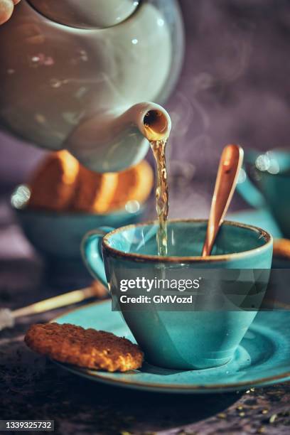 xícara de chá preto com biscoitos - tea crop - fotografias e filmes do acervo